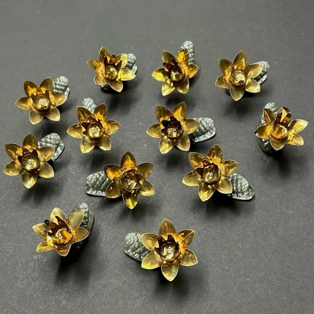 Vintage 1940s Gold & Green Metal Floral Clip-On Christmas Tree Candle Ornaments